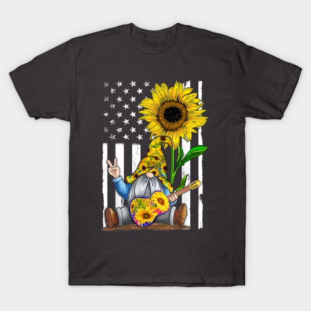 Sunflower Gnome Playing Guitar Hippie Gnomes American Flag T-Shirt by RKP'sTees